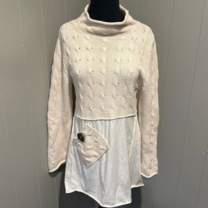 Pure Handknit cream cable cowl neck sweater w/ woven reverse seam skirt. XS/S
